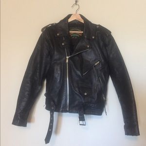 90s vintage leather motorcycle biker jacket w/back patch